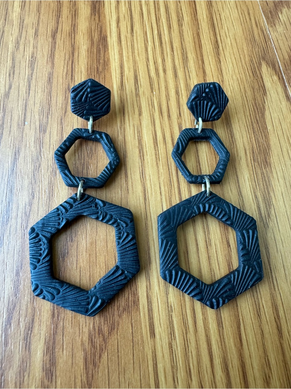 Hexagon Black Textured Drop Earrings